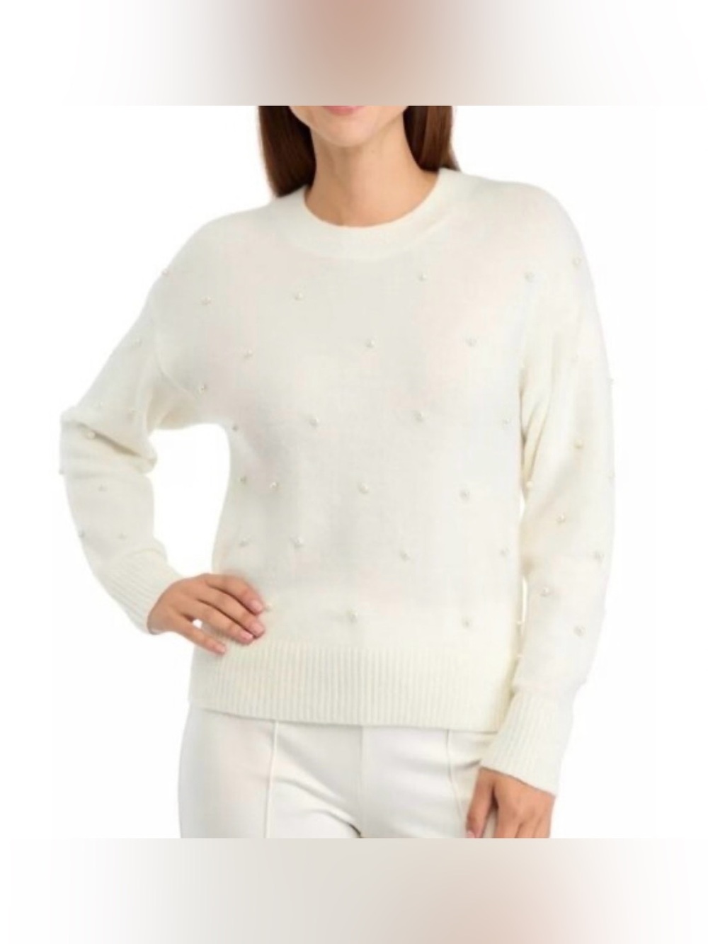 Karen Kane Pearl-Embellished Cream Crew Neck Sweater